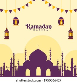 Purple Silhouette Mosque With Hanging Lit Lanterns And Bunting Flags On Yellow Background For Ramadan Kareem Concept.
