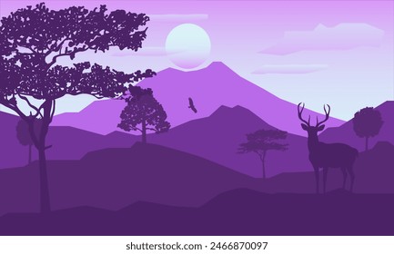 Purple silhouette of wild deer and trees with mountains and sun in the background