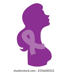 A purple silhouette of a woman with long hair, facing right, includes a purple ribbon symbolizing awareness for causes like domestic violence, epilepsy, lupus, and pancreatic cancer.