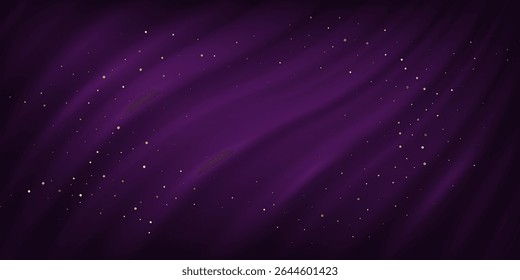 Purple silk fabric luxury background with golden dust. Wavy satin cloth texture backdrop for product display or award ceremony. Elegant realistic vector illustration.