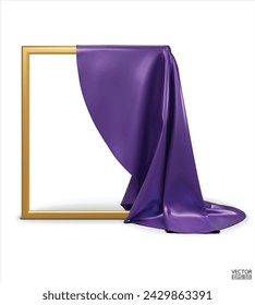 Purple Silk fabric unveiling a golden empty frame isolated on white background. Purple satin covered objects. 3d vector illustration.