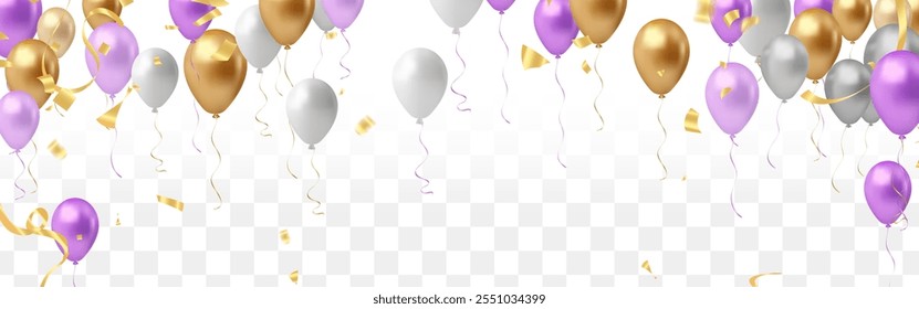 Purple, silver and golden balloons with ribbons and confetti. Vector illustration.