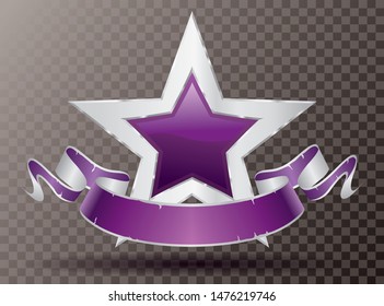 purple silver star with blank purple banner, commercial success icon