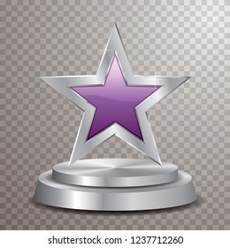 purple silver star on silver podium, vector template for cosmetics, show business, sports or something else