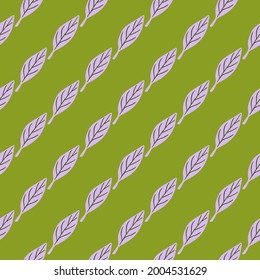Purple einfaches diagonales Blatt formt nahtloses Doodle-Muster. Grüner Hintergrund. Naturhintergrund. Perfekt für Stoffdesign, Stoffdruck, Umhüllung, Cover. Vektorgrafik.