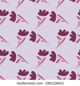 Purple simple flowers geometric style seamless pattern. Blue background. Spring decorative backdrop. Graphic design for wrapping paper and fabric textures. Vector Illustration.