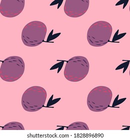 Purple simple mandarin ornament seamless doodle pattern. Stylized food print with pink background. Bright fruit backdrop. Perfect for fabric design, textile print, wrapping, cover. Vector illustration