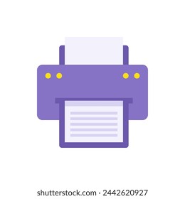 Purple simple printer with paper page for typing text vector flat illustration. Printout document list use modern technology device isolated on white. Laser ink machine office or home print equipment