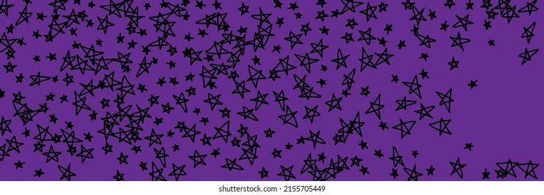 Cielo Simple Púrpura Vivid Estrellas Oscuras Y Dibujadas A Mano. Papel de tapiz de estrellas naïve de arte negras vibrantes de color rosado negro. Niños De Lavanda Luminosos E Ilustración Caótica, Vívida Y Brillante.