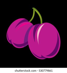 Purple simple vector plums, ripe sweet fruits illustration. Healthy and organic food, harvest season symbol. 