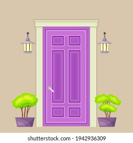 Fachada morada de una sola puerta decorada con perchas verdes en Cachepot e iluminación vectorial