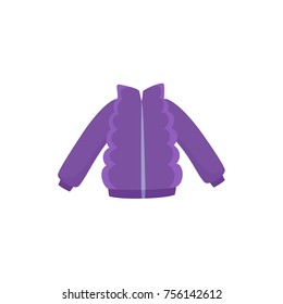 Purple ski jacket, down parka for a child, kid, boy or girl, winter wardrobe element, cartoon vector illustration isolated on white background. Ski, down padded jacket, girl, boy winter wardrobe