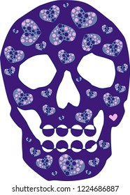 Purple skull with blue hearts on a white background isolated