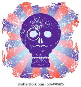 Purple skull gentleman on radial background. Worn grunge background. Sticker skull.