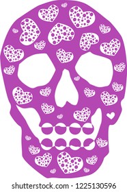 Purple skull with hearts on a white background isolated