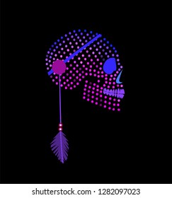 Purple skull icon with dots, ornament and feather details 