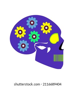 Purple skull icon with flowers on the head for fashion design, print, t-shirts, vector illustration 