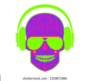 Purple skull icon with neon green headphones and pink ornament details 