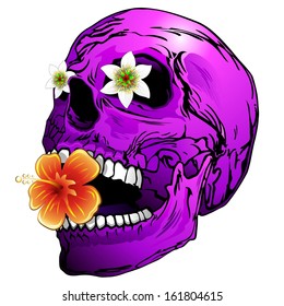 Purple Skull with Tropical Flowers