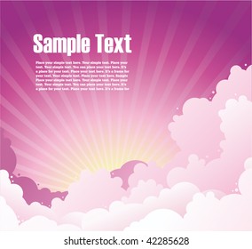 Purple Sky background with clouds, rising sun and free space for your text