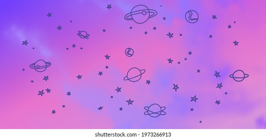 Purple Sky Background. Realistic Vector Clouds with Hand Drawn Elements