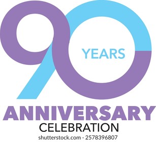 purple and sky blue color number 90 with word years sky blue color and word anniversary celebration are at the bottom.