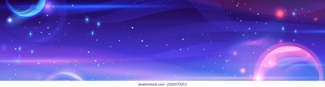 Purple sky galaxy space night vector background. Pink abstract cosmos banner with planet and starry light texture outer design. Cartoon metaverse website header with modern shining gradient graphic