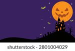 Purple sky glows with a smiling moon. Crows fly near a spooky castle silhouette. Stars twinkle as bats flutter through the air. Ornate tower stands atop a dark hill