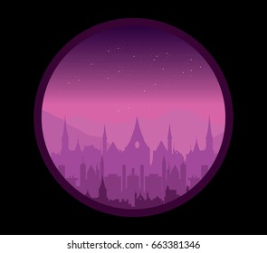 Purple sky over old kingdom silhouette and hills
vector cityscape illustration, circle frame