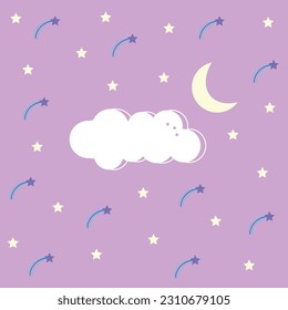 Purple sky with stars, clouds, and moon on it.