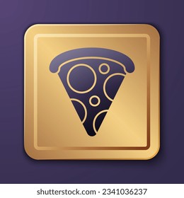 Purple Slice of pizza icon isolated on purple background. Fast food menu. Gold square button. Vector Illustration