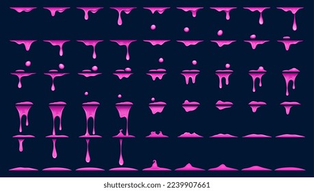 Purple slime animation, animated sprite of pink dripping goo. Cartoon vector liquid jam, mucus or phlegm sprite sheet fx effect, toxic splash drops sequence frame. Splatters of magic potion motion