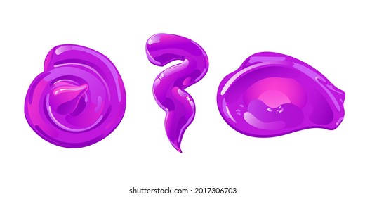 Purple slime stains, splashes or blobs set. Pink jelly in cartoon flat style. Vector design elements.