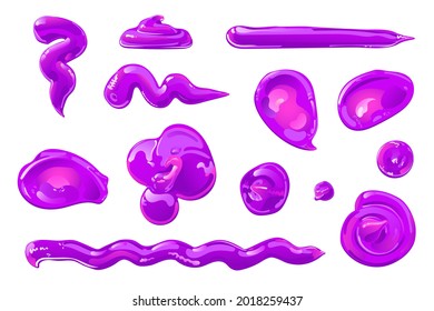 Purple slime stains, splashes or blobs set. Pink jelly in cartoon flat style. Vector design elements.