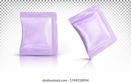 Bolsa pequeña morada, sobre, embalaje aislado sobre un fondo transparente. Maquillaje, plantilla para presentación de diseño, logotipo cosmético.