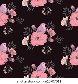 Purple small bird with flowers. wallpaper seamless  flower pattern.  Delicate floral background. Pink graphic print