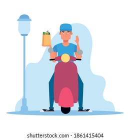 Purple small motorcycle and man delivery fast icon- Vector