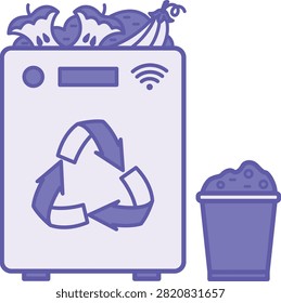 Purple Smart Composting System Icon. Vector Illustration. Technological Device That Recycles Food and Organic Waste into Fertilizer. Composter and Fertilizer Bucket. Agrotechnology and Smart Farming Concept