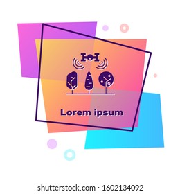 Purple Smart farm with drone control and tree icon isolated on white background. Innovation technology for agricultural company. Color rectangle button. Vector Illustration