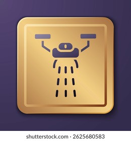 Purple Smart farm with drone control for seed planting icon isolated on purple background. Innovation technology for agricultural company. Gold square button. Vector