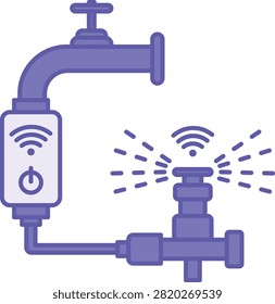 Purple Smart Irrigation Valve Icon. Vector Illustration. Automatic Watering Device. Controls Water Flow Using Built-In Sensors, Wireless Communication, and a Smart Controller. Agrotechnology and Smart Farming Concept