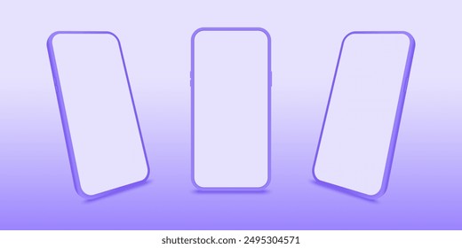 Purple Smartphone with blank screen ,rotated position different angles. Mockup generic device. Vector mobile phone set ,Template for infographics UI,UX or presentation 3D render phones.