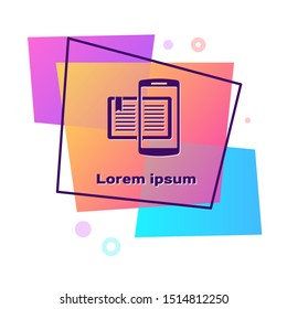 Purple Smartphone and book icon isolated on white background. Online learning or e-learning concept. Color rectangle button. Vector Illustration