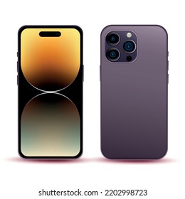 Purple Smartphone, Model Phone 14 PRO, IT Industry Novelty, Original Wallpaper, Mockup For Web Design On A White Background - Vector Illustration