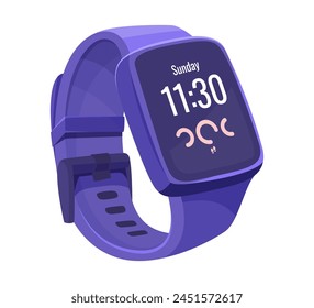 Purple smartwatch showing time and footsteps. Digital illustration of wearable technology. Fitness and time management concept.