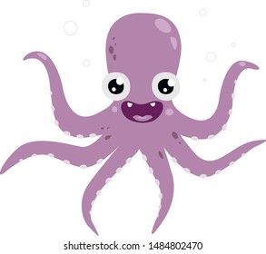 Purple smiling octopus with bubbles.