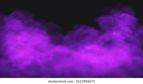 Purple smoke cloud on black transparent background. Fog vector effect.