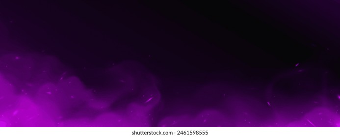 Nubes de humo púrpura sobre fondo negro. Ilustración realista de Vector de efecto de luz mágica con partículas brillantes volando en el aire, niebla de color de fantasía, elemento de diseño de fiesta de discoteca, galaxia espacial