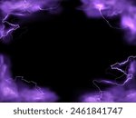 Purple smoke effect and lightning strikes frame background. Realistic storm clouds with magical energy flashes. Glowing thunderbolt with fog border design on black