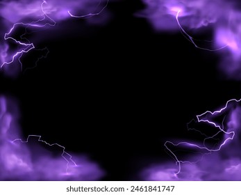 Efecto de humo púrpura y rayo golpea el fondo del marco. Nubes de tormenta realistas con destellos mágicos de energía. Rayo brillante con diseño de borde de niebla en negro